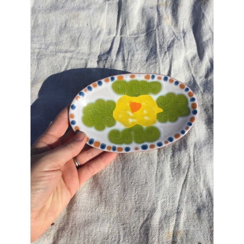 Portugal‎ Art pottery oval trinket dish 7” 7 in floral yellow green ceramic